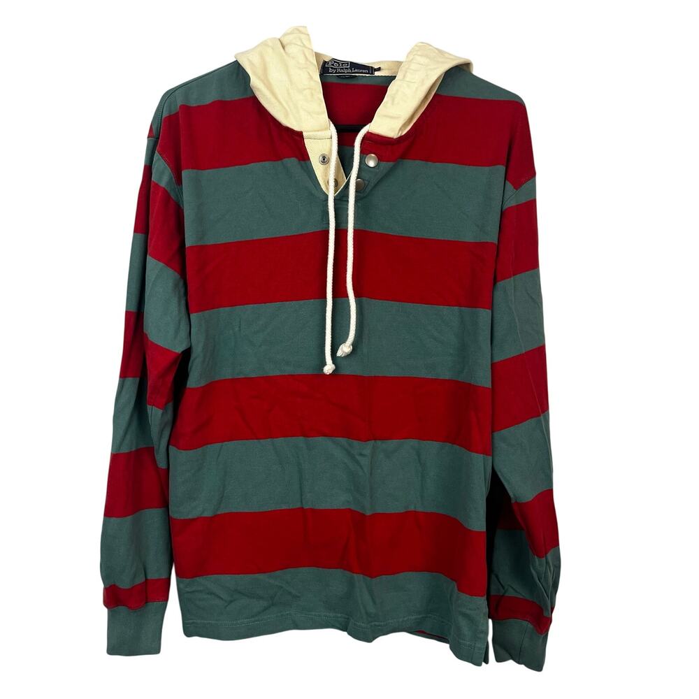 Vintage Polo Ralph Lauren Men's Long Sleeve Hooded Rugby Small 100% Cotton